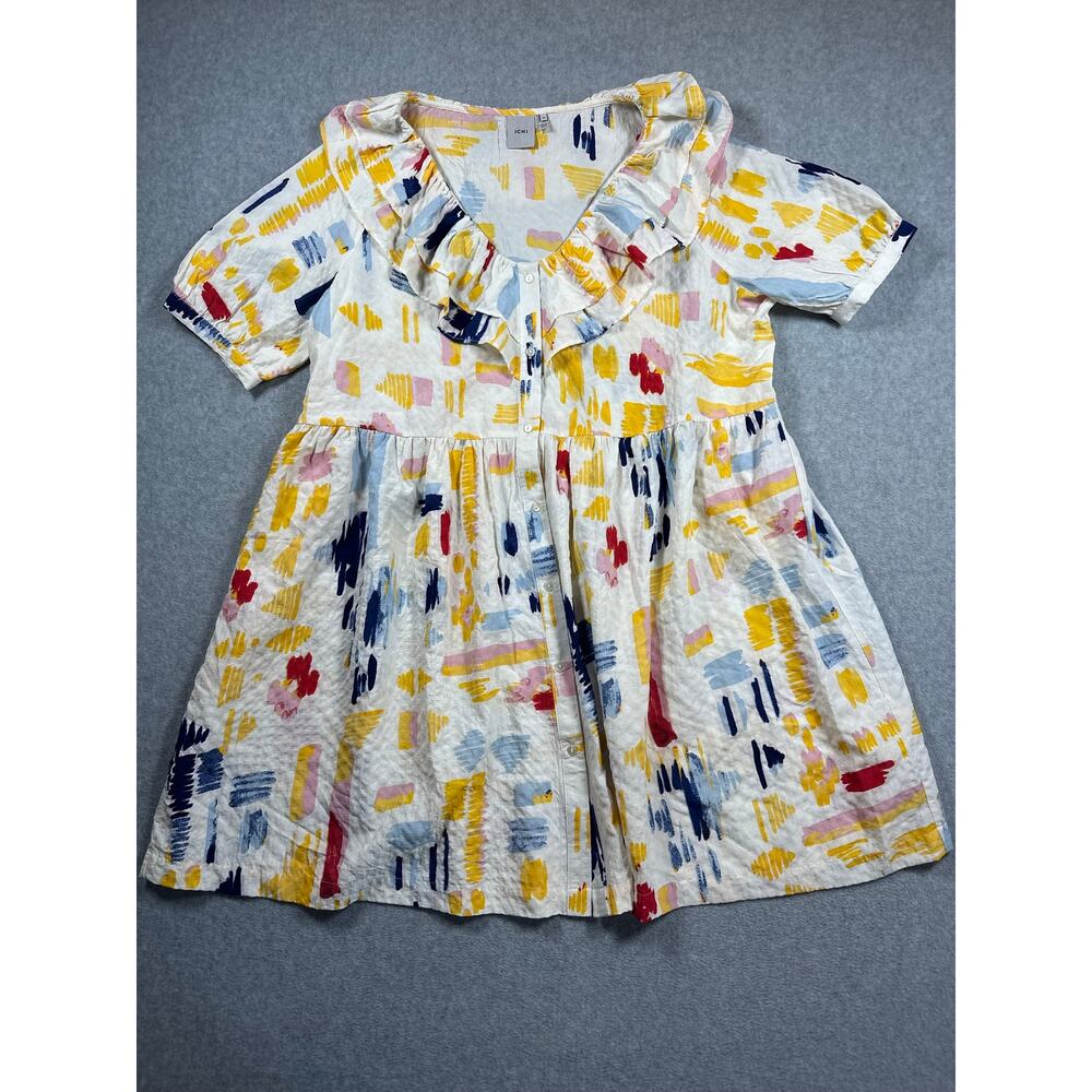 Ichi Ruffle V-Neck Button Front Dress Women's EU48 (US 16/18) Multicolor - Picture 2 of 9
